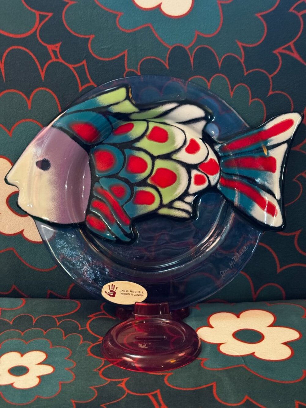 Jan R Mitchell Fused Art Glass Multicolor Fish 7.5" Plate, Circa 1990s